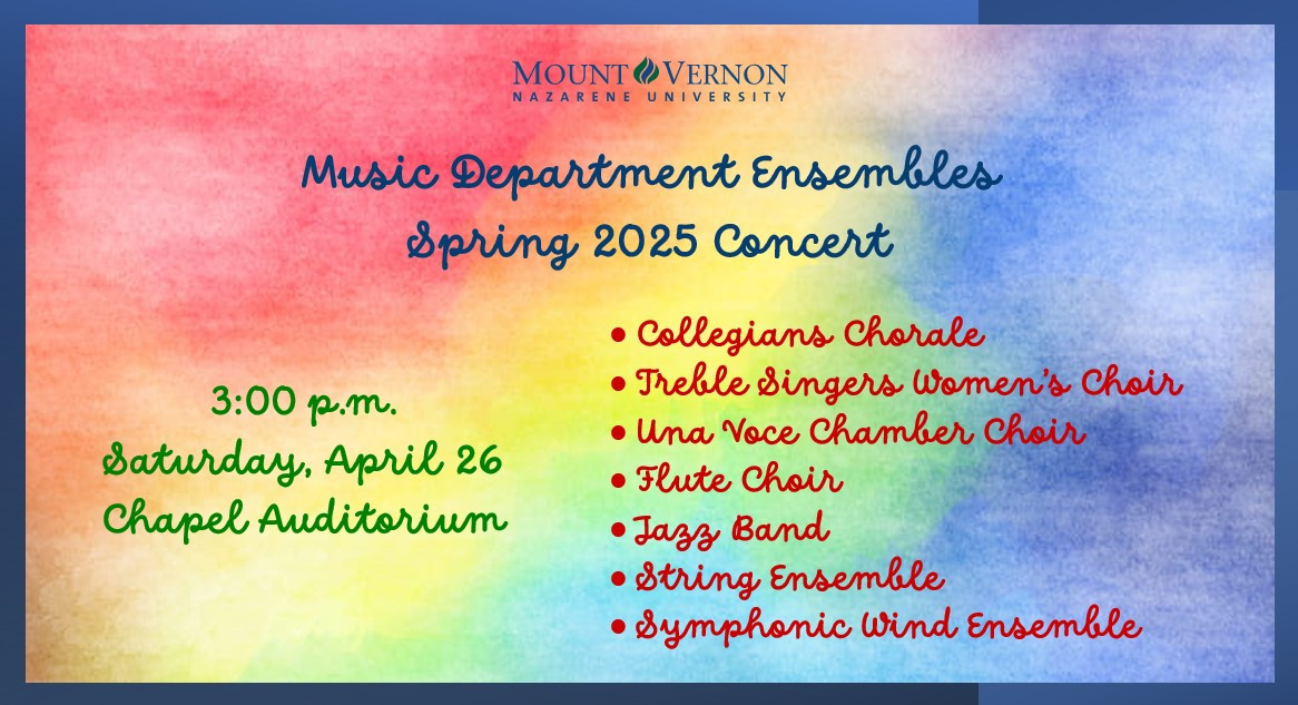 MVNU Music Department Ensembles Spring Concert 2025 flyer.