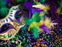 Mardi Gras mask, beads, and feathers.