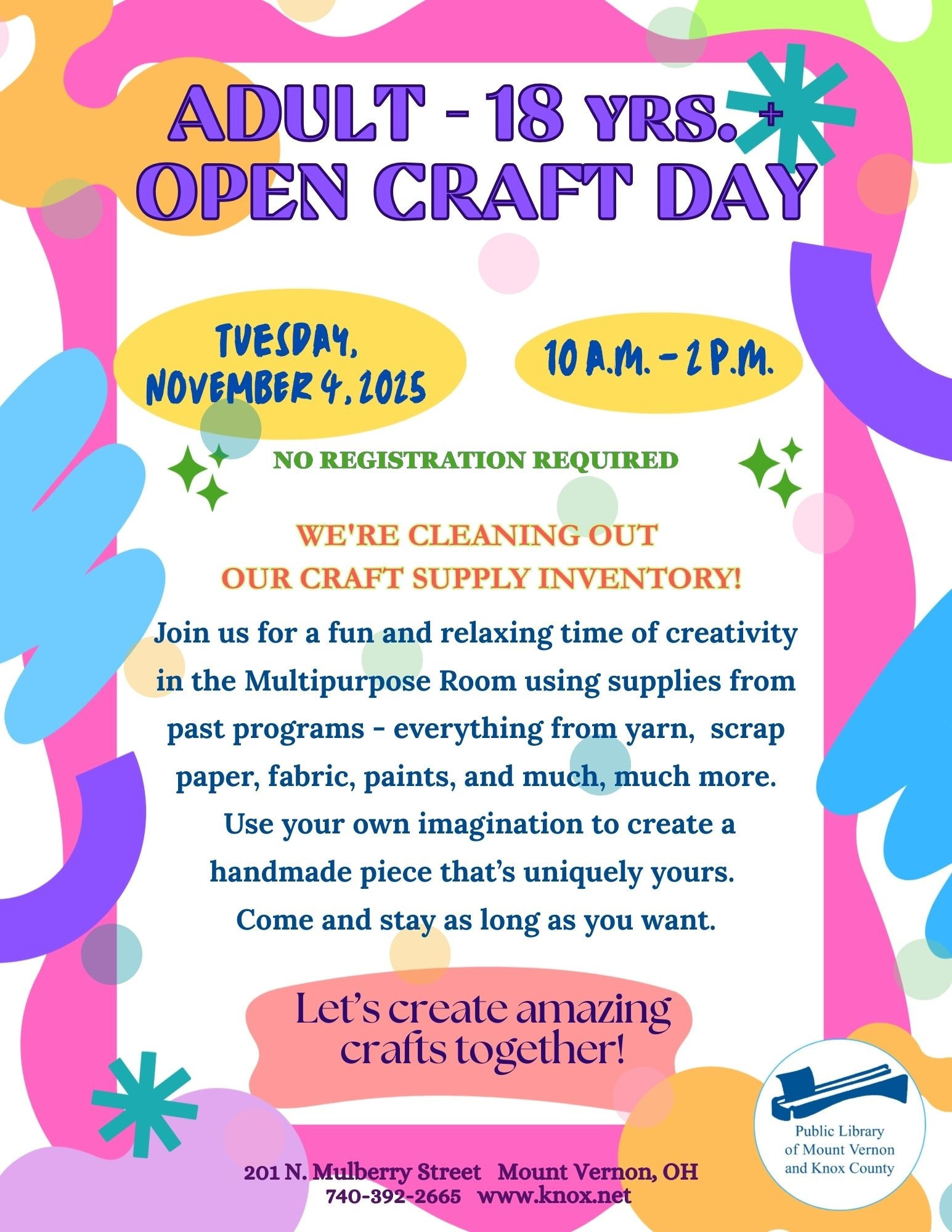 Adult Open Craft Day flyer.