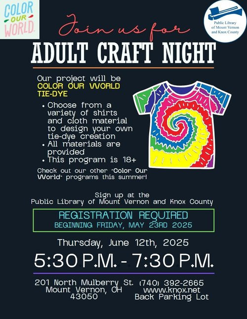 Adult Craft Night Tie Dye Shirts flyer.