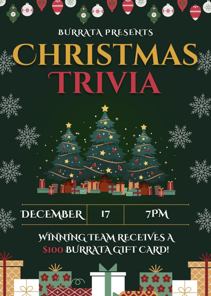 Burrata Woodfired Christmas Trivia flyer.