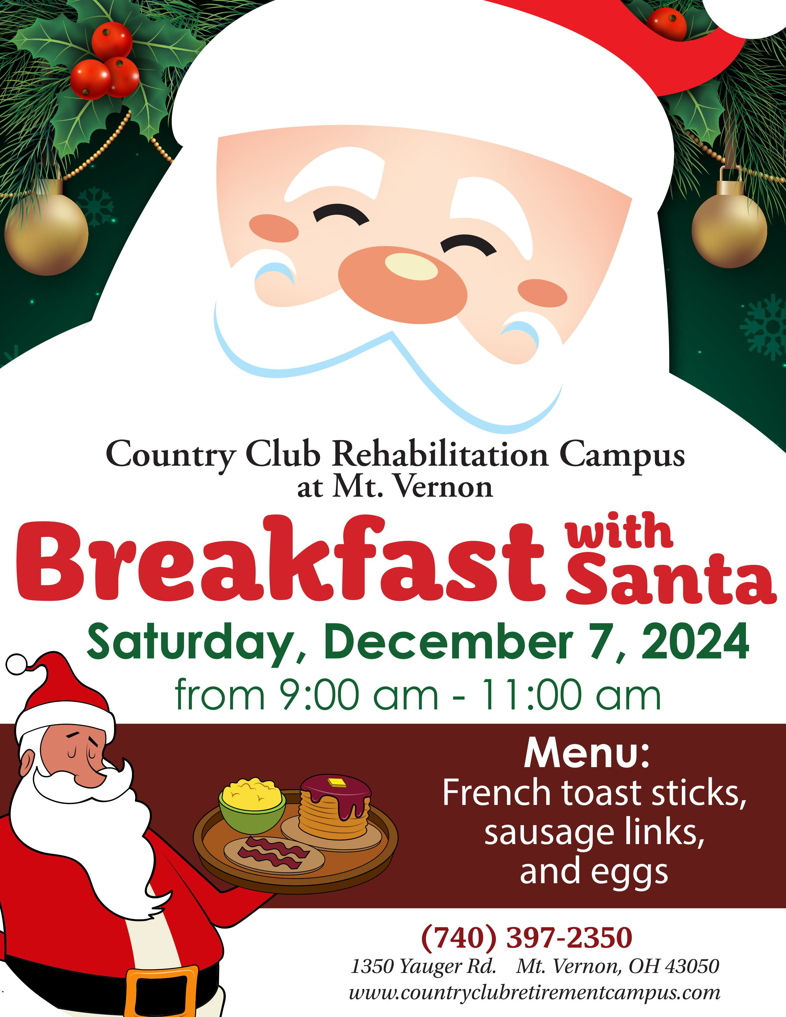 Country Club Rehabilitation Campus at Mount Vernon Breakfast with Santa event flyer.
