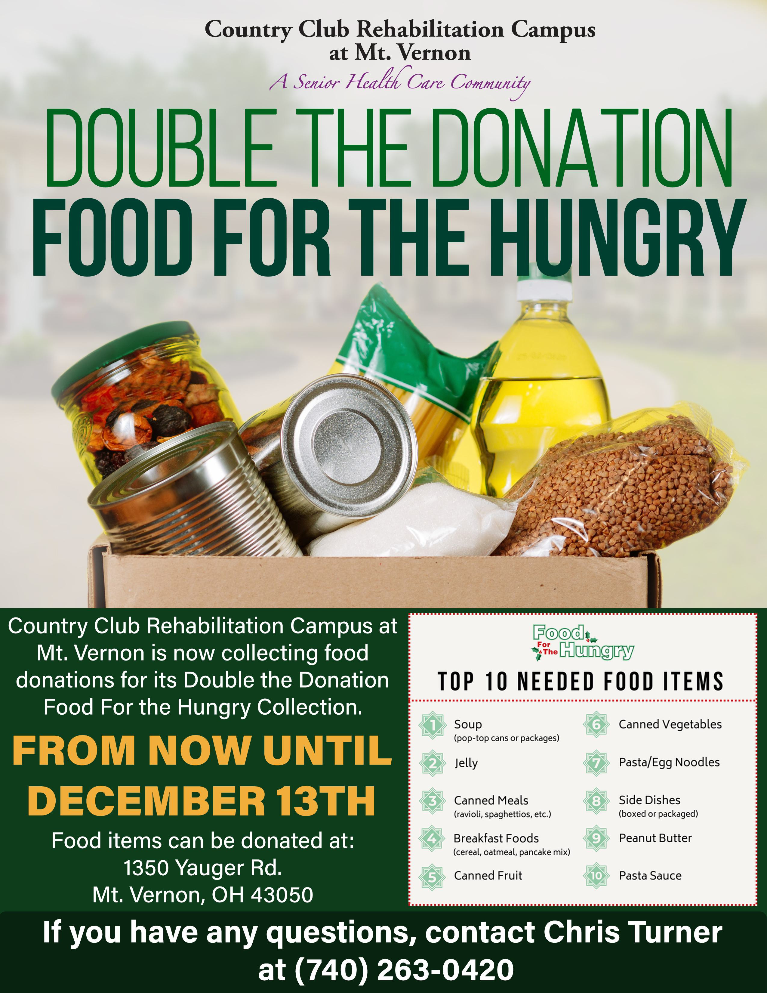 Country Club Rehabilitation Campus at Mount Vernon Double the Donation Food For the Hungry event flyer.