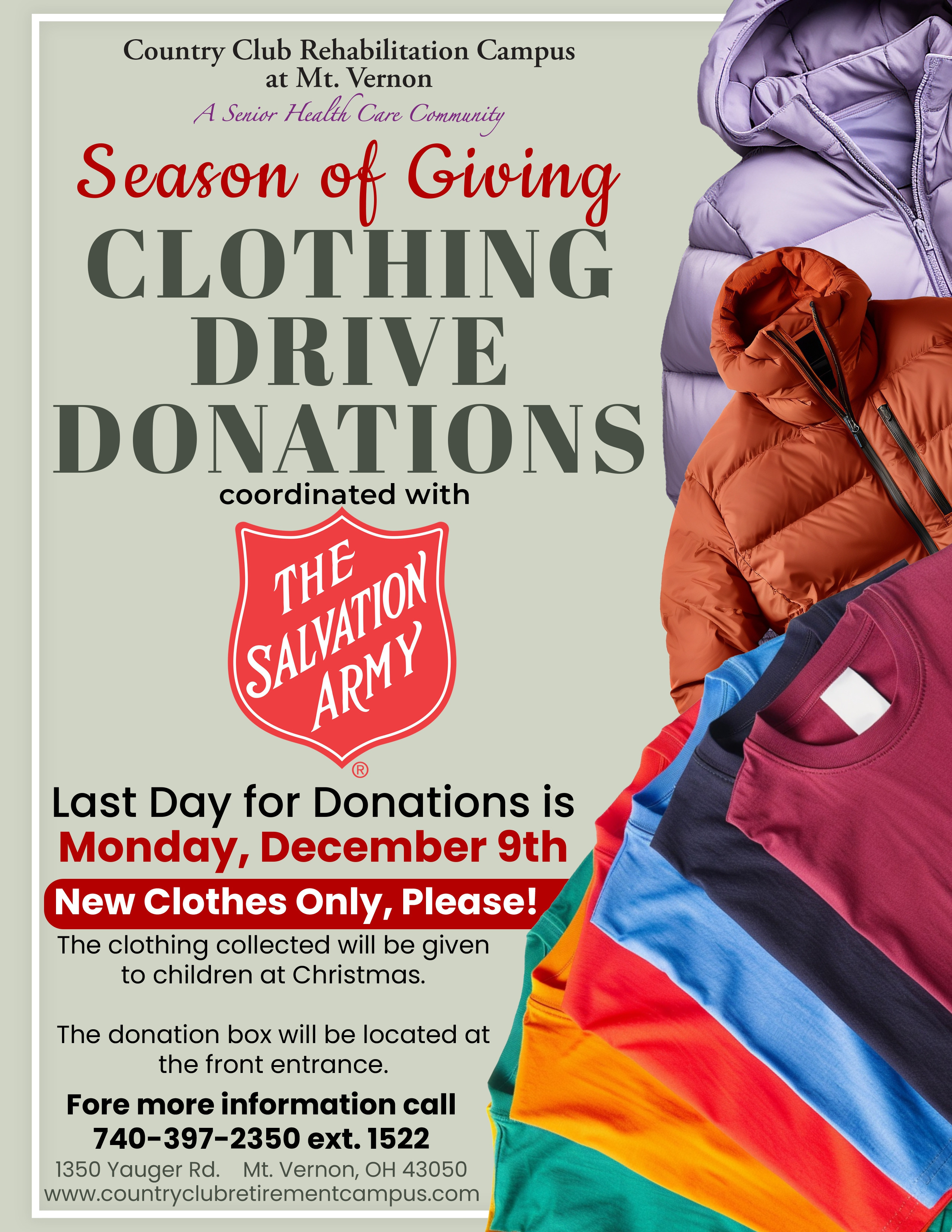 Country Club Rehabilitation Campus at Mount Vernon Season of Giving Clothing Drive Donations event flyer.