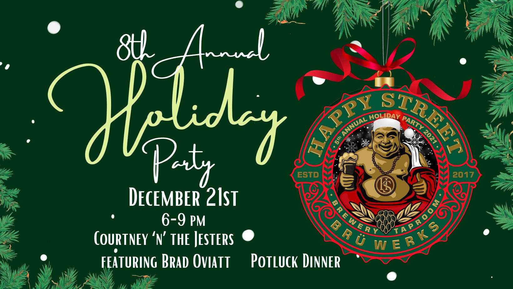 Happy Street Bru Werks 8th Annual Holiday Party flyer.