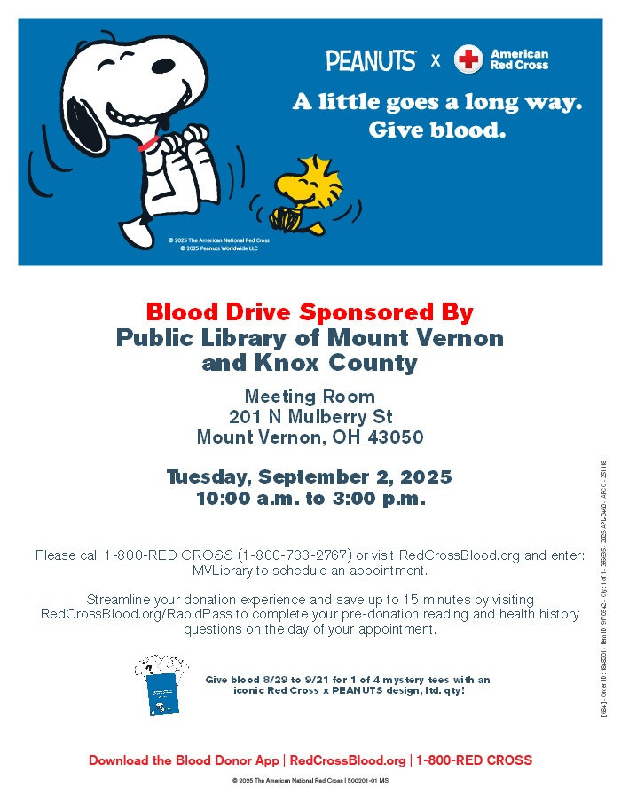 Public Library of Mount Vernon and Knox County Red Cross Blood Drive flyer.