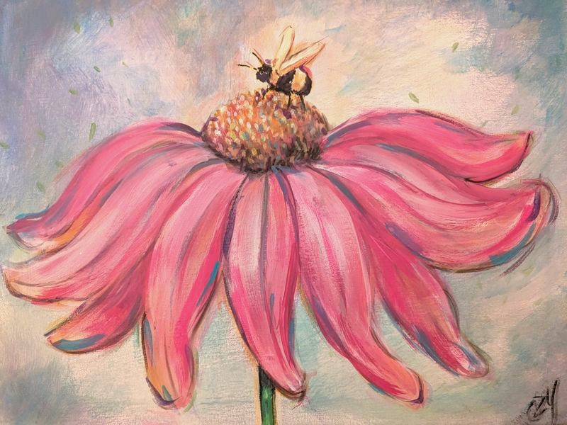 Painting featuring a flower and bee.