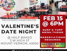 Valentine's Day Date at Half Baked Bistro flyer.